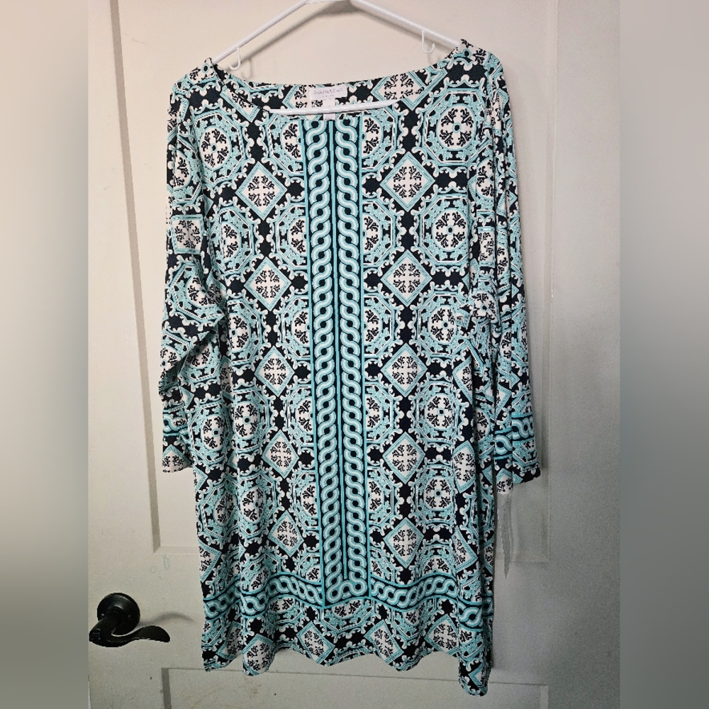 Charter Club - Aqua and Black Patterned 3/4 Sleeve Blouse - Picture 1 of 5